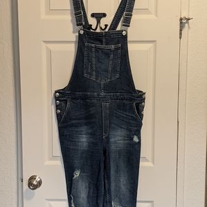 Distressed denim overalls